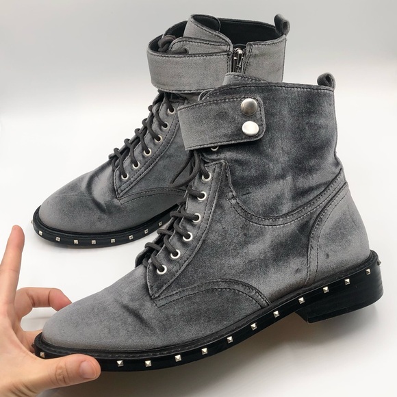 Vince Camuto Grey Gun Metal Velvet Studded Combat Booties Women’s Size 9 - Picture 1 of 12